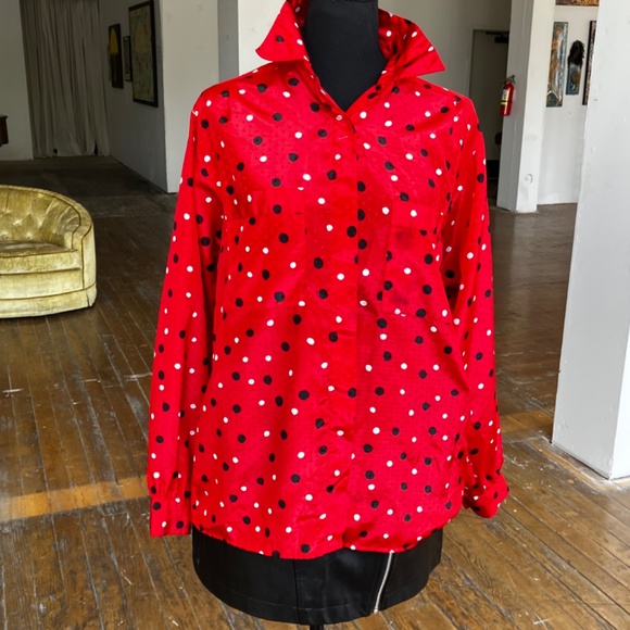 Red black-and-white silky button-down 90's top. - Picture 9 of 11